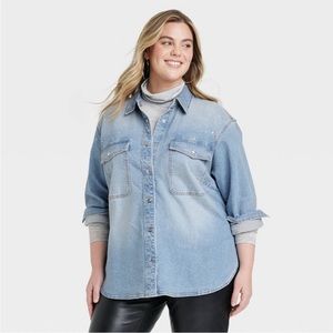 NWT Women's Plus Size 3X Embellished Denim Shacket - Universal Thread Light Wash